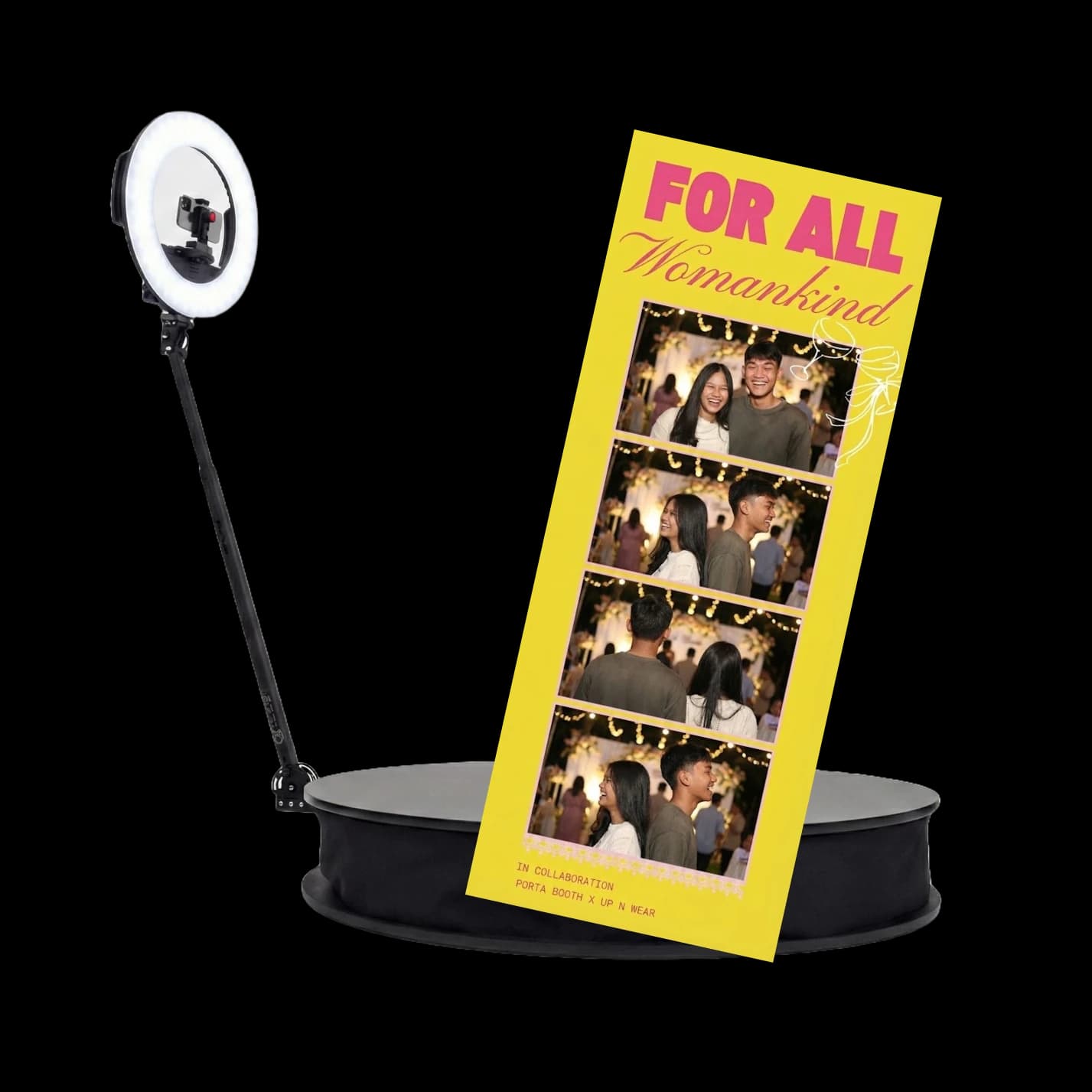 360 spinner photo booth platform with photo strip