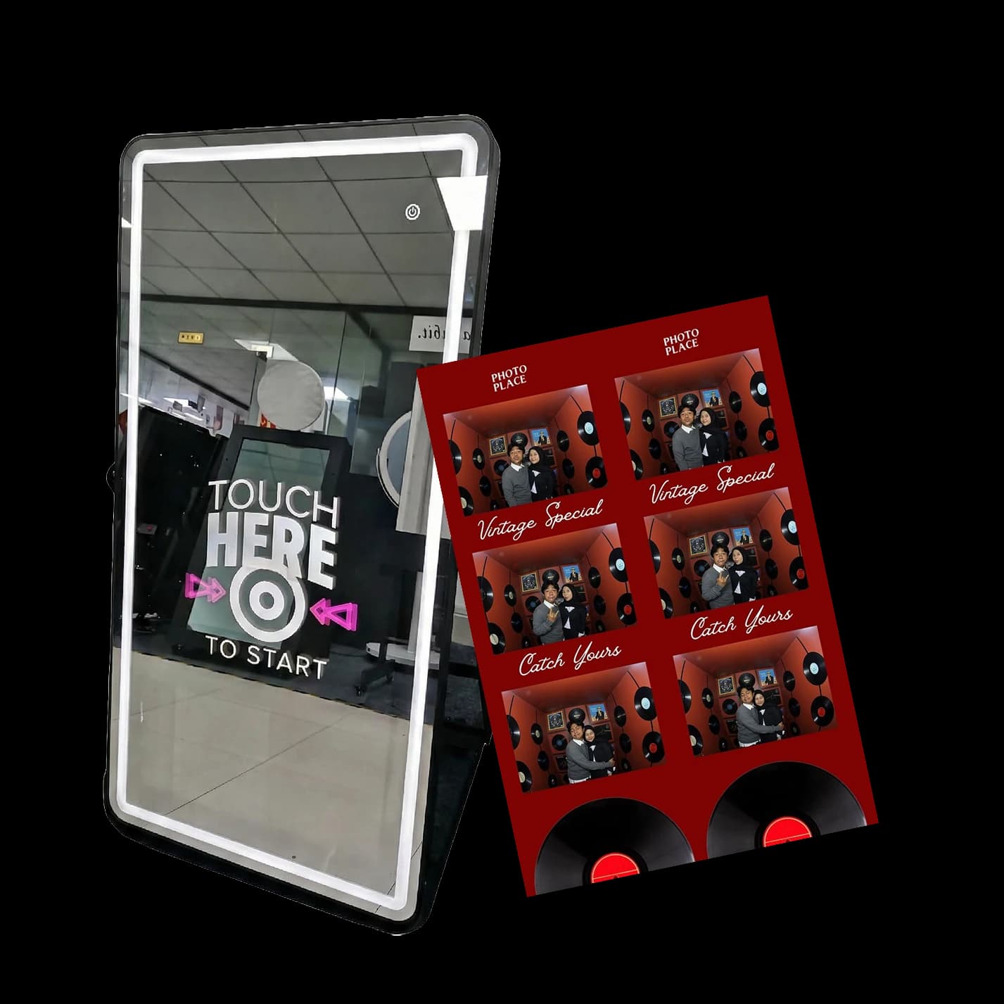 A catalog image of a Mirror photo booth placed along with a photo strip