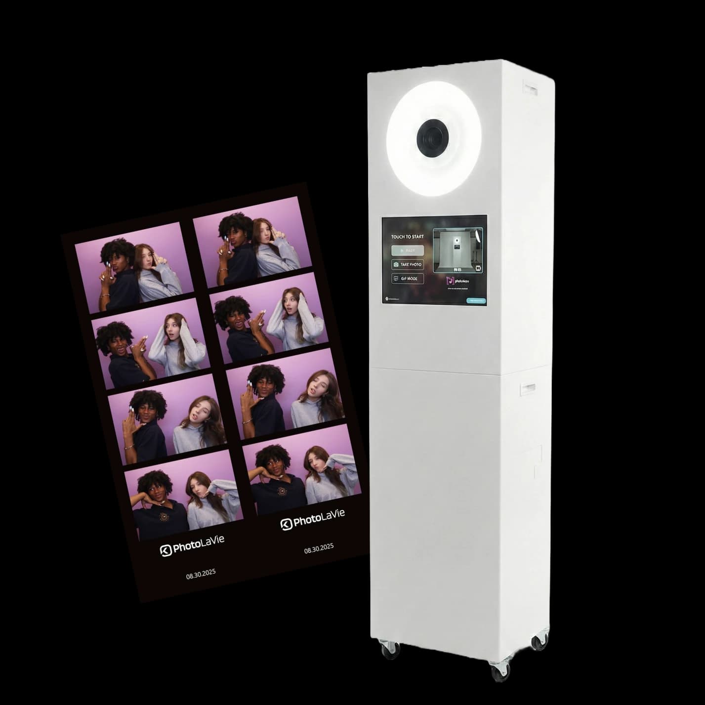 Tower photo booth with ring light and photo strips