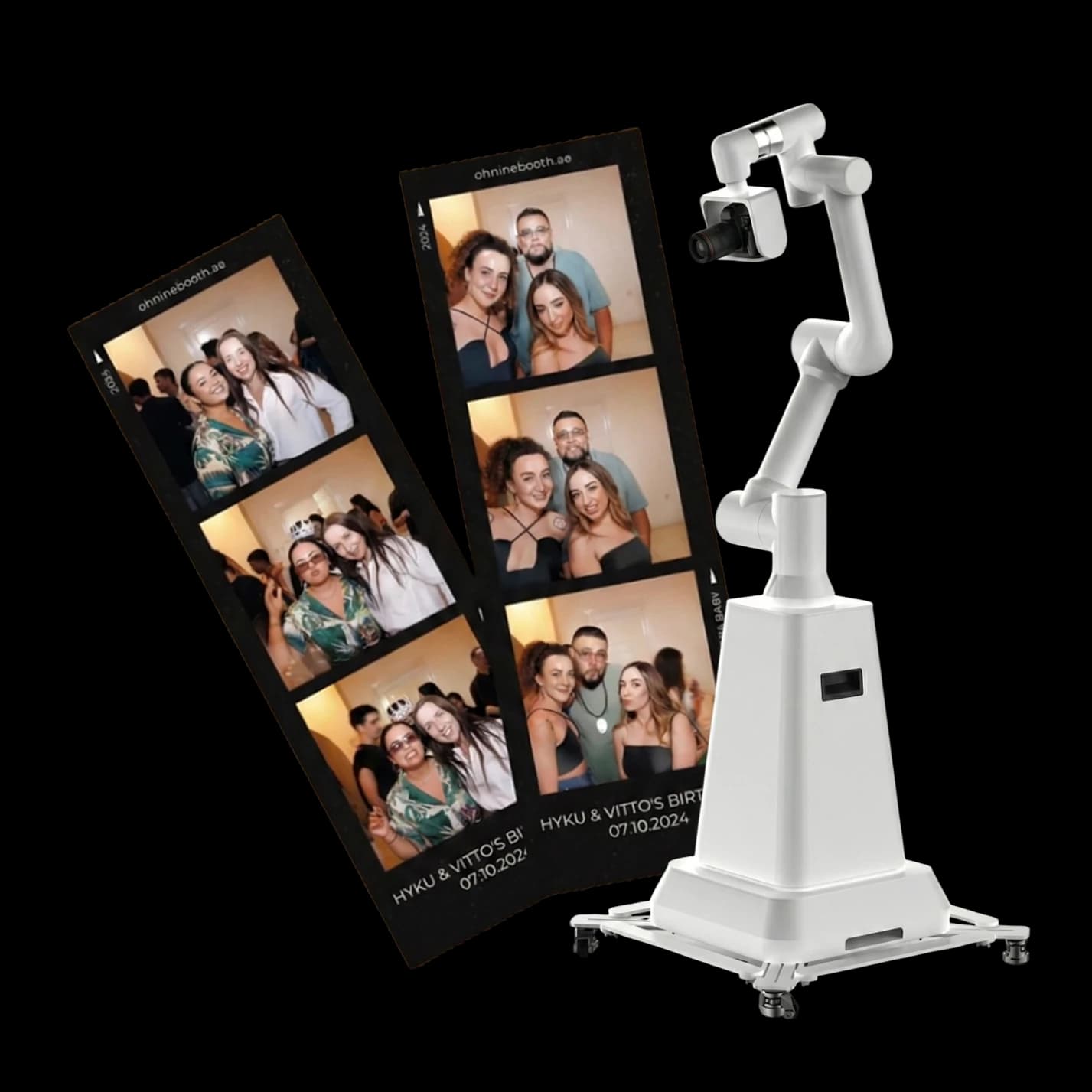 Robotic arm photo booth with photo strips